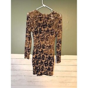 Windsor Floral Mesh Long Sleeve Mini Dress Tan Black Sheer Bodycon PD4270W Small